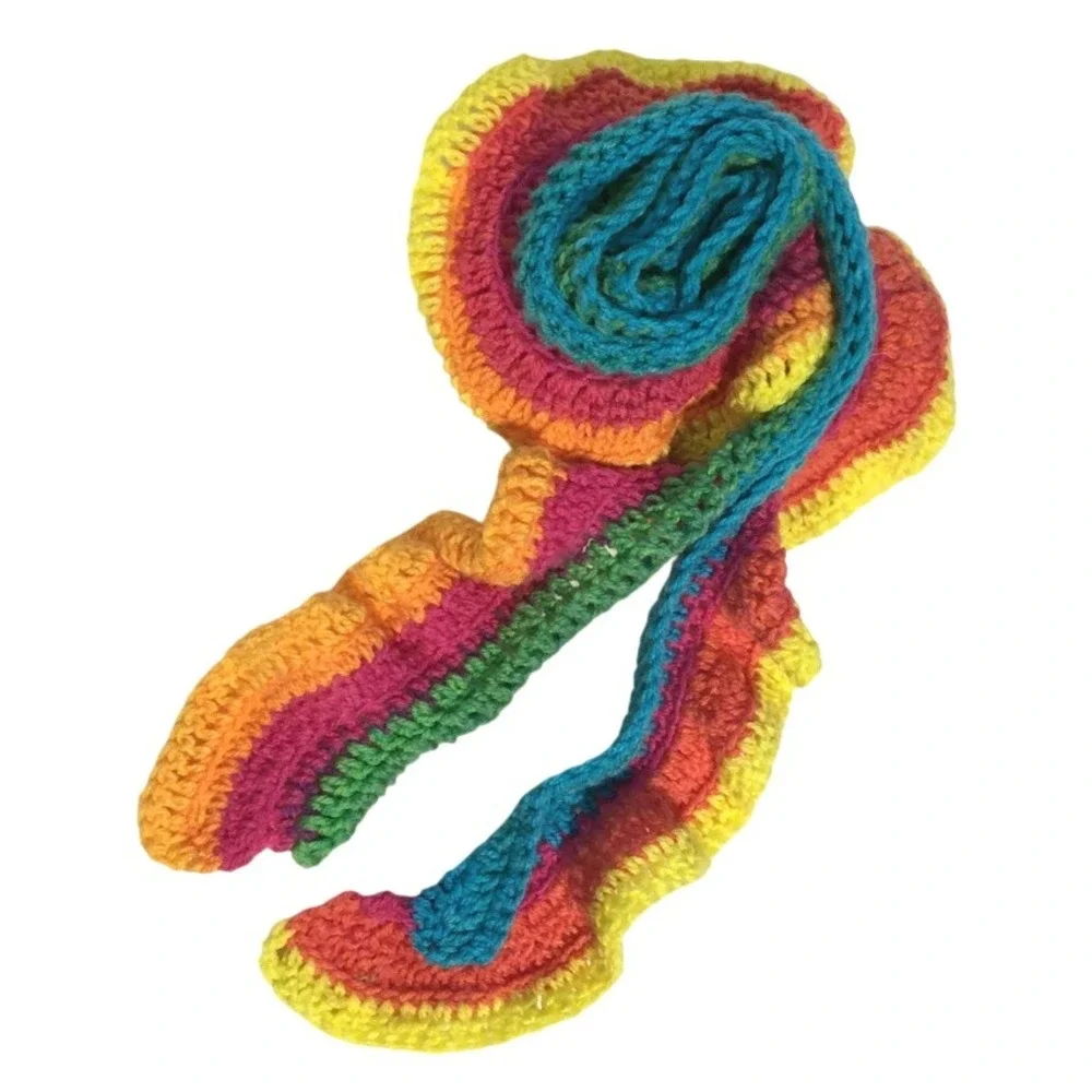 Crochet Knit Scarf Handmade Colorful Striped Yellow Blue Rainbow‎ 86